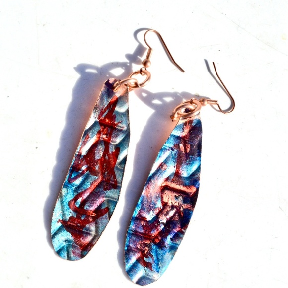 Long Red Blue Patina Embossed Drop Earrings Boho - Picture 2 of 3